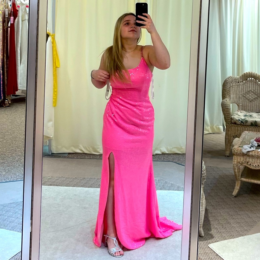 Neon Pink One-Strapped Prom Dress with Sequence